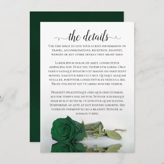 Elegante Emerald Green Rose Hochzeitdetails Begleitkarte (Vorne/Hinten)