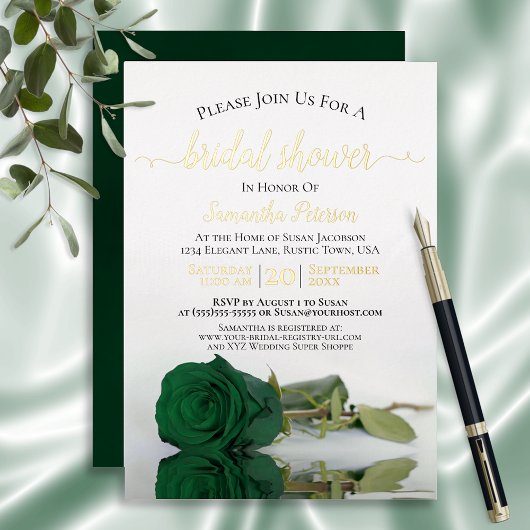 Elegante Emerald Green Rose mit Gold Brautparty Folieneinladung