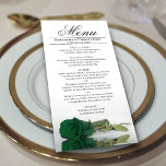 Elegante Emerald Green Rose Reflections Wedding Menükarte<br><div class="desc">Dieses schöne Menü wird Ihrem Hochzeitsempfang etwas mehr Stil verleihen. Es zeichnet sich durch ein wunderschönes und romantisches Design aus. Eine smaragdgrüne Rose im Single spiegelt sich in einem Wasserbecken mit Wellen und Wellen wider. Es gibt Platz für die Namen des Paares und das Hochzeitstag, und der Text ist vollständig...</div>