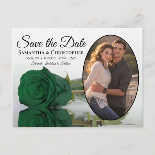 Elegante Emerald Green Rose und Foto Save the Date Ankündigungspostkarte (Vorderseite)