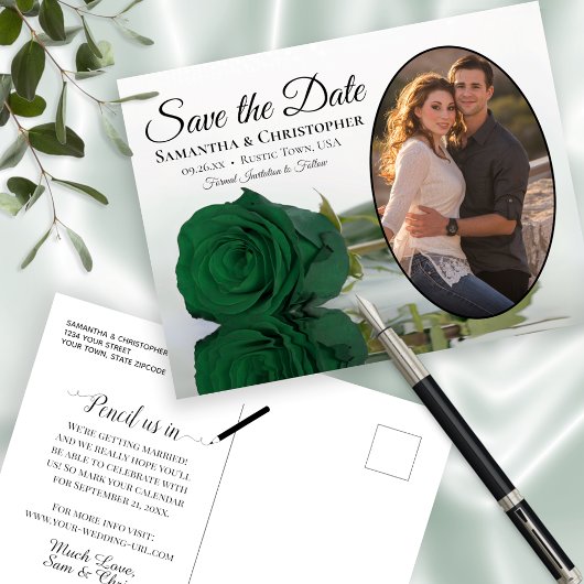 Elegante Emerald Green Rose und Foto Save the Date Ankündigungspostkarte