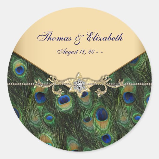 Elegante Emerald Green und Gold Peacock Wedding Runder Aufkleber (Vorderseite)
