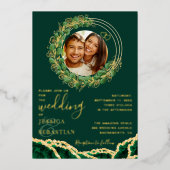 Elegante Emerald Green und Gold Wedding Folieneinladung (Vorderseite)