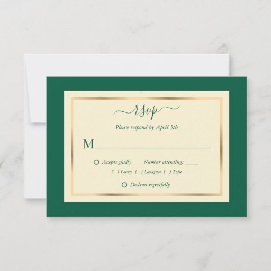 Elegante Emerald Green und Gold Wedding RSVP Cards (Vorderseite)