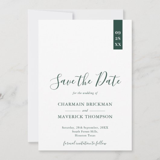 Elegante Emerald Green und White Script Wedding Save The Date (Vorderseite)