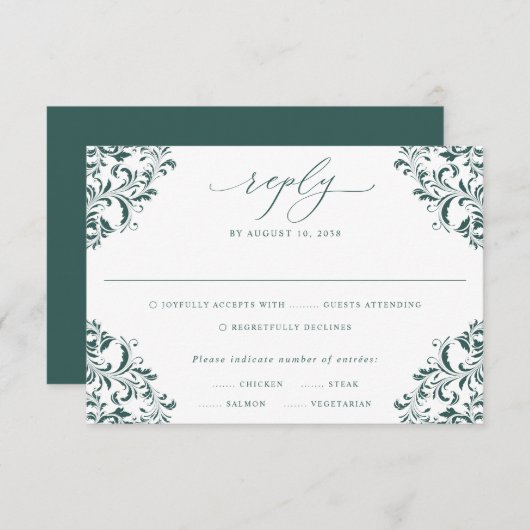 Elegante Emerald Green Vintag Classic Wedding RSVP Karte (Vorne/Hinten)