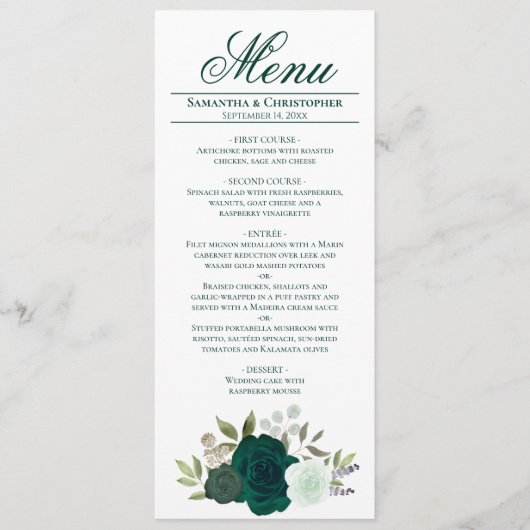 Elegante Emerald Green Watercolor Rose Hochzeit Menükarte (Vorderseite)