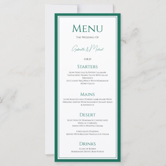 Elegante Emerald Green Wedding Menu Card (Vorderseite)