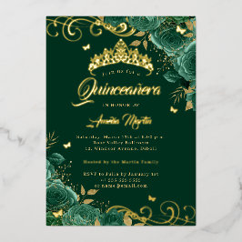 Elegante Emerald Rose Swirl Gold Quinceanera Folieneinladung