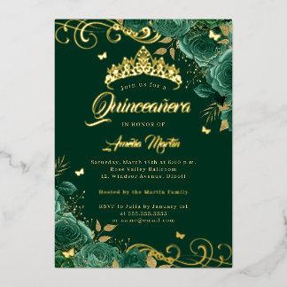 Elegante Emerald Rose Swirl Gold Quinceanera Folieneinladung