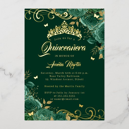 Elegante Emerald Rose Swirl Gold Quinceanera Folieneinladung (Vorderseite)