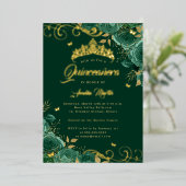 Elegante Emerald Rose Swirl Gold Quinceanera Folieneinladung (Stehend vorne)