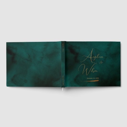 Elegante Emerald- und Gold Script-Hochzeit Gästebuch (Voll)