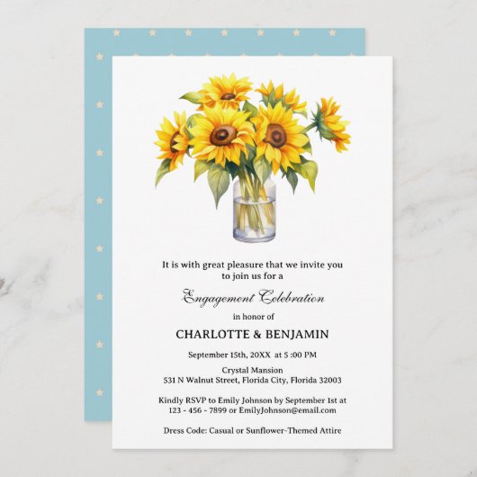 Elegante Engagement für Sonnenblumen Einladung (Vorne/Hinten)