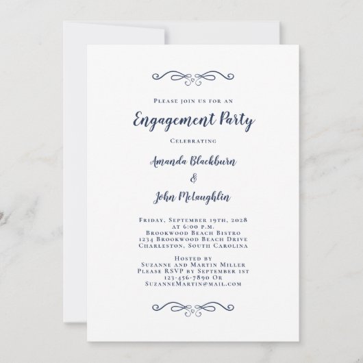 Elegante Engagement Party Couple Calligraphy Blue Einladung (Vorderseite)