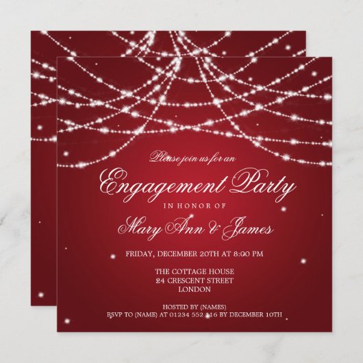 Elegante Engagement Party Sparkling String Red Einladung (Vorne/Hinten)