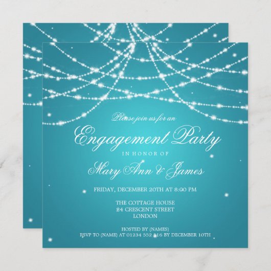 Elegante Engagement Party Sparkling String Turquoi Einladung (Vorne/Hinten)
