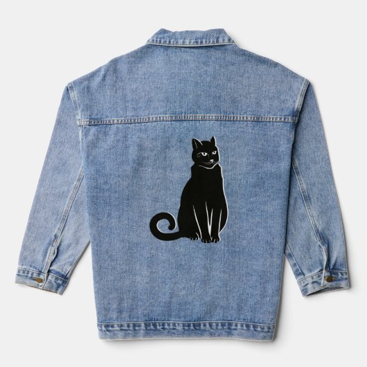 Elegante Enigma: Künstlerische schwarze Katze Jeansjacke (Rückseite)