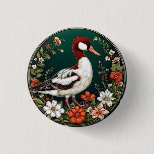 Elegante Ente, umgeben von lebendigen Blumen Button