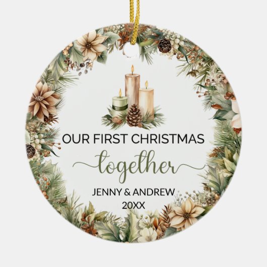 Elegante Erdtönen Unser erstes Weihnachtsfest Keramik Ornament (Vorne)