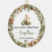 Elegante Erdtönen Unser erstes Weihnachtsfest Keramik Ornament (Links)