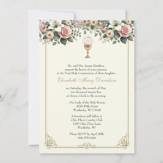 Elegante Erste Heilige Kommunion Einladung (Rückseite)