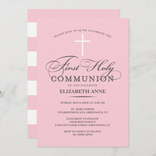 Elegante Erste Heilige Kommunion Einladung Rosa (Vorne/Hinten)