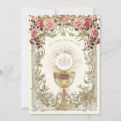 Elegante Erste Kommunion Rosa Rote Rosen Einladung (Vorderseite)