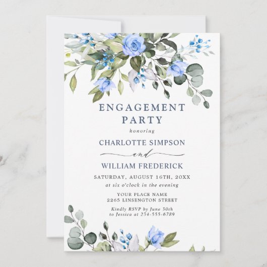 Elegante Eucalyptus Blue Rose ENGAGEMENT PARTY Einladung (Vorderseite)