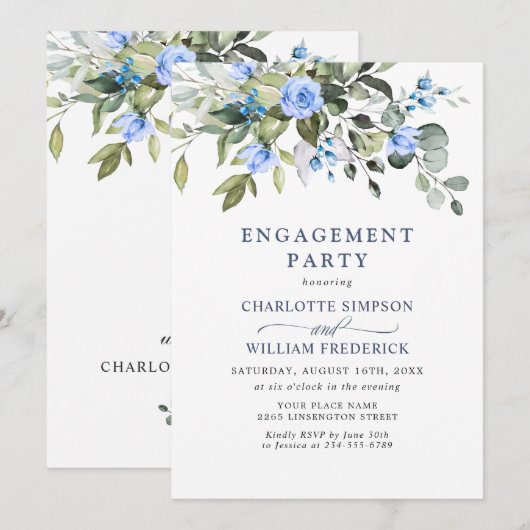 Elegante Eucalyptus Blue Rose ENGAGEMENT PARTY Einladung (Vorne/Hinten)