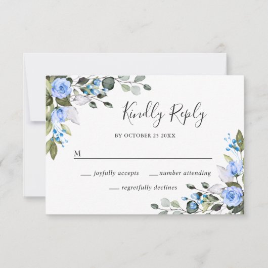 Elegante Eucalyptus Blue Rose Wedding RSVP Card Karte (Vorderseite)