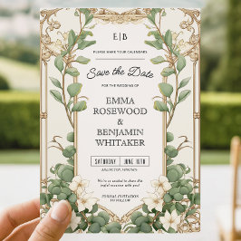 Elegante Eucalyptus Gold Frame Save the Date Karte