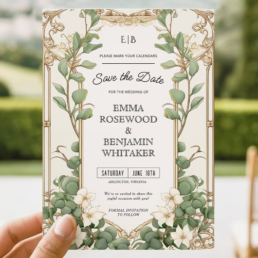 Elegante Eucalyptus Gold Frame Save the Date Karte