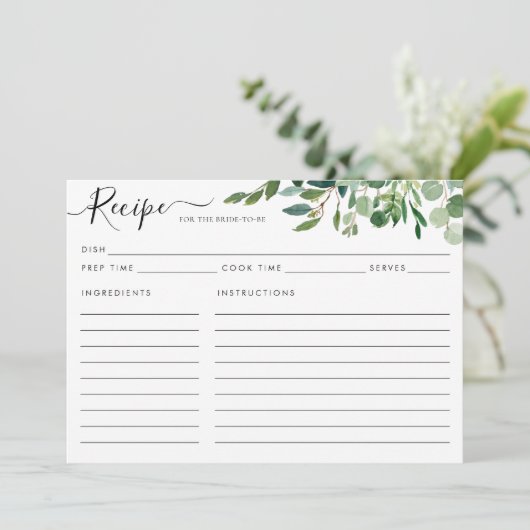 Elegante Eucalyptus Green Brautparty Rezept Card (Stehend Vorderseite)