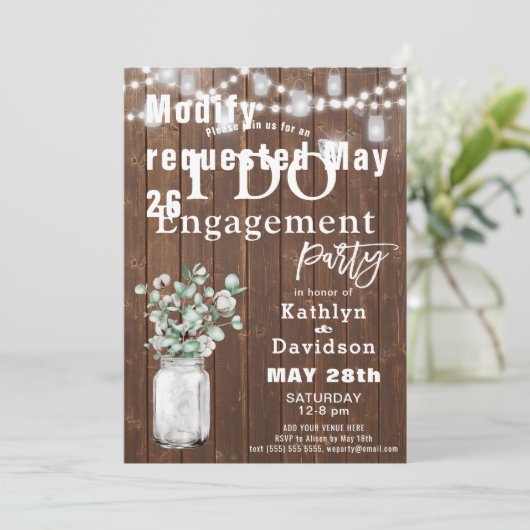 Elegante Eucalyptus Mason Jar I DO Engagement Part Einladung (Stehend Vorderseite)