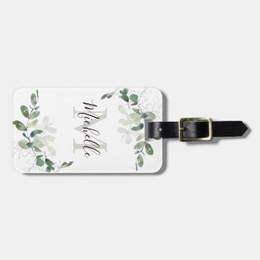 Elegante Eucalyptus Monogram Script Name Gepäckanhänger (Vorderseite horizontal)