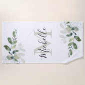 Elegante Eucalyptus Monogram Script Name Strandtuch (Vorderseite)