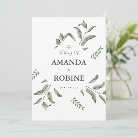 Elegante Eucalyptus Watercolor Einladung zur Hochz (Stehend Vorderseite)