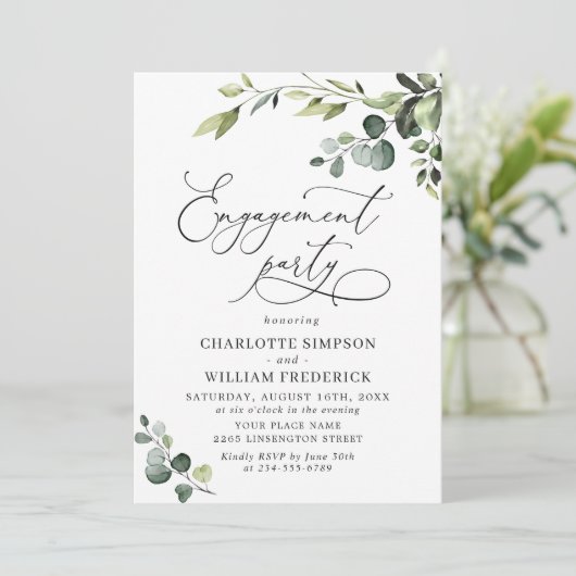 Elegante Eucalyptus Watercolor ENGAGEMENT PARTY Einladung (Stehend Vorderseite)