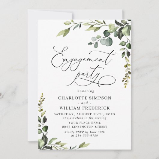 Elegante Eucalyptus Watercolor ENGAGEMENT PARTY Einladung (Vorderseite)