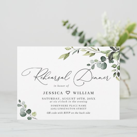 Elegante Eucalyptus Watercolor PROBE DINNER Einladung (Stehend Vorderseite)