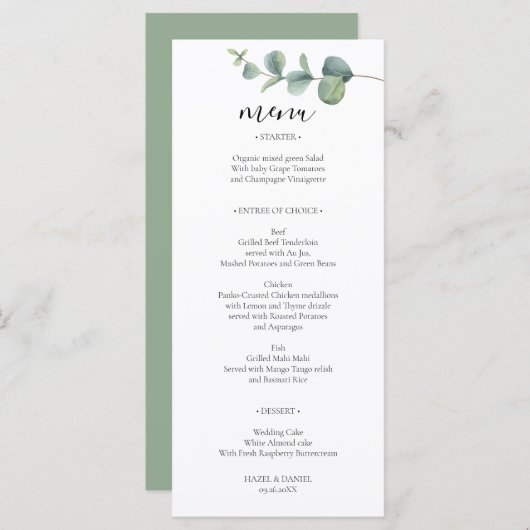 Elegante Eucalyptus Wedding Menu Card Menükarte (Vorne/Hinten)