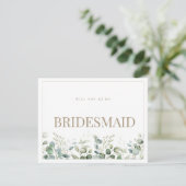 Elegante Eucalyptus White Bridesmaid Vorschlagskar Save The Date (Stehend Vorderseite)