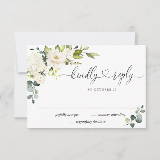 Elegante Eucalyptus White Roses Floral Wedding RSVP Karte (Vorderseite)