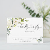 Elegante Eucalyptus White Roses Floral Wedding RSVP Karte (Stehend Vorderseite)