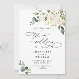 Elegante Eucalyptus White Roses Floral Wedding Save The Date