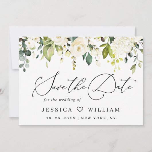 Elegante Eucalyptus White Roses Floral Wedding Save The Date (Vorderseite)