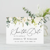 Elegante Eucalyptus White Roses Floral Wedding Save The Date (Stehend Vorderseite)