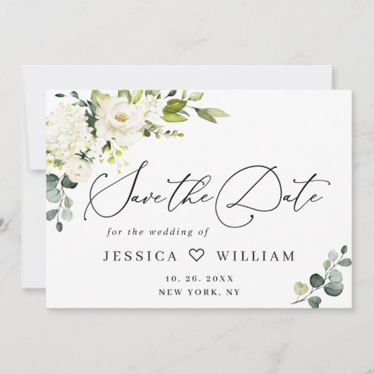 Elegante Eucalyptus White Roses Floral Wedding Save The Date (Vorderseite)
