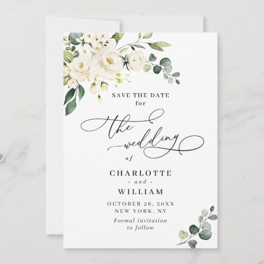 Elegante Eucalyptus White Roses Floral Wedding Save The Date (Vorderseite)